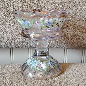 Hanpainted mini clear glass candy dish floral pink